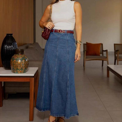 ⏳Begränsad tid 50 % Rabatt⏰Högmidjad A-linjeformad maxikjol i denim för damer👗