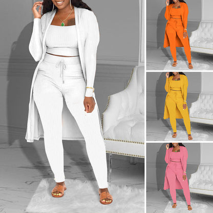 ⏳Begränsad tid 50 % Rabatt⏰Casual 3-delat stickat set – kort topp, lång kofta och åtsittande byxor🧥👚👖
